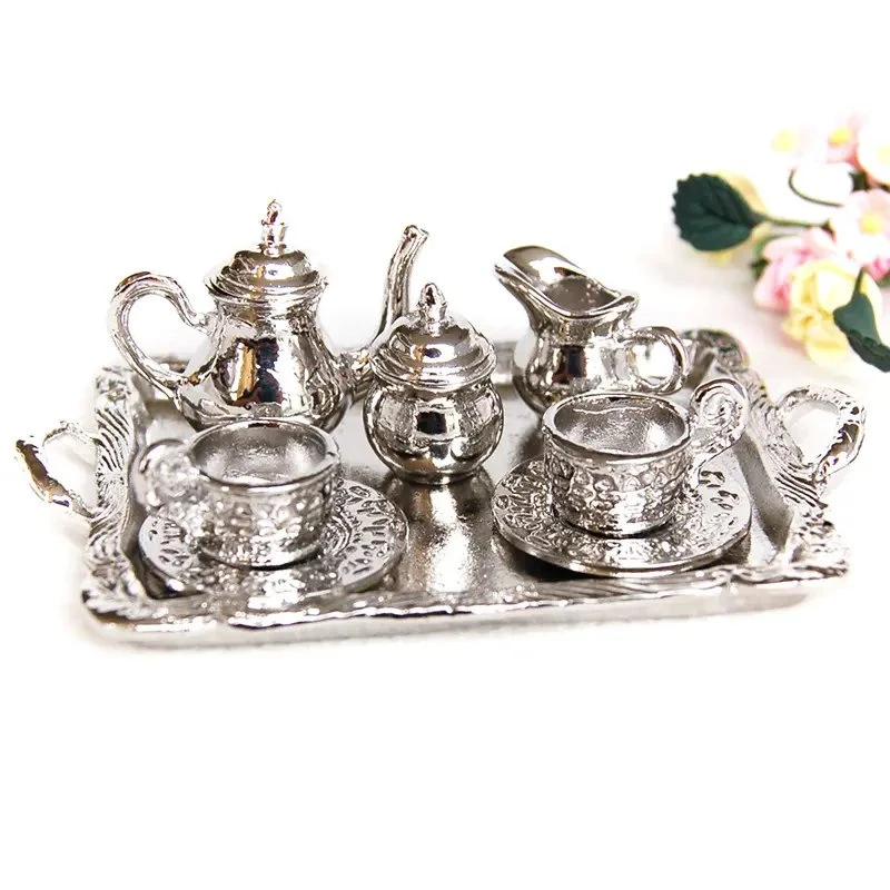 Dollhouse miniatura Plata Metal té Café bandeja vajilla juego para Decoración Dollhouse