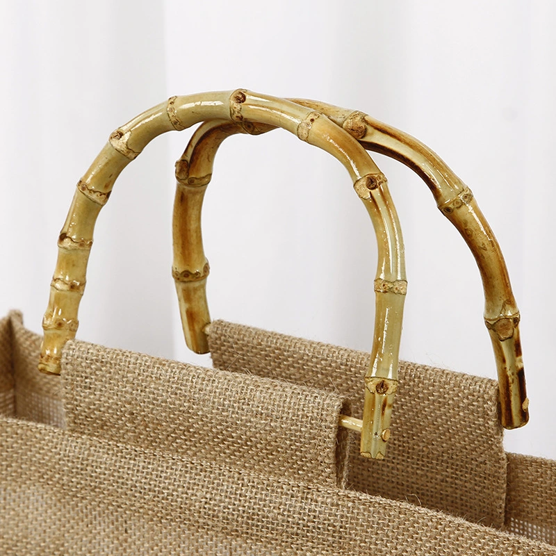 Jute Shopping Strand Tasche Großhandel Bambus Kreis Hand Ziehen Baumwolle Vintage-Geschenktasche Aus Leinen