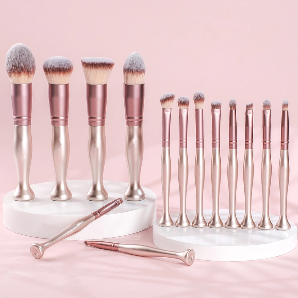 Maquillaje Rosa de alta calidad conjunto de cepillos de cabello sintético 14pcs Champagne Gold Juego de cepillos de maquillaje