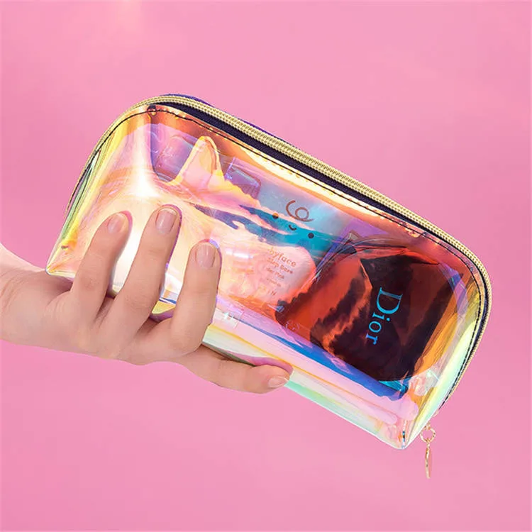 Low MOQ Custom Logo Clear Transparent Holographic Makeup PVC Pouch