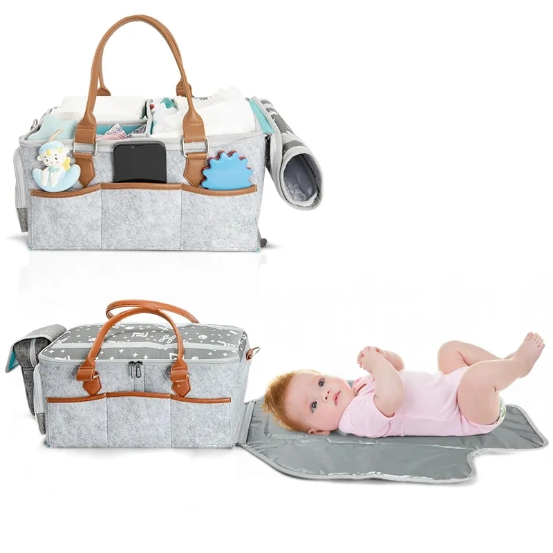 Portable Foldable Newborn Nappy Felt Baby Nursery Diaper Caddy Storage Bag Basket with Baby Changing Mat