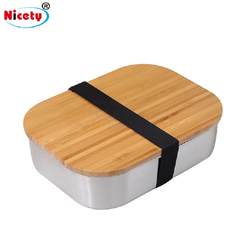 Tableware Rectangle Airtight Lid 1400m Eco Friendly with Elastic Belt Bamboo Food Container Stainless Steel Lunchbox