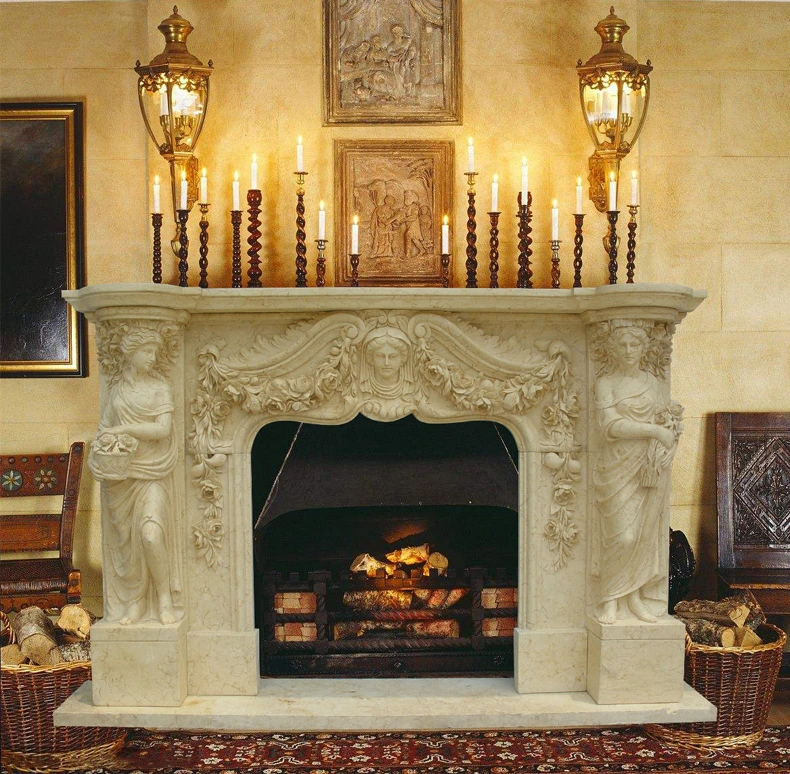 New Designs White Marble Fireplace Surround and Fireplace Mantels with Flower Carving