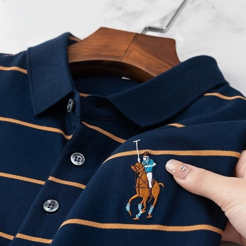 Summer Short Sleeve Striped Embroidery Business High-End Lapel Short Men's Polo Shirt