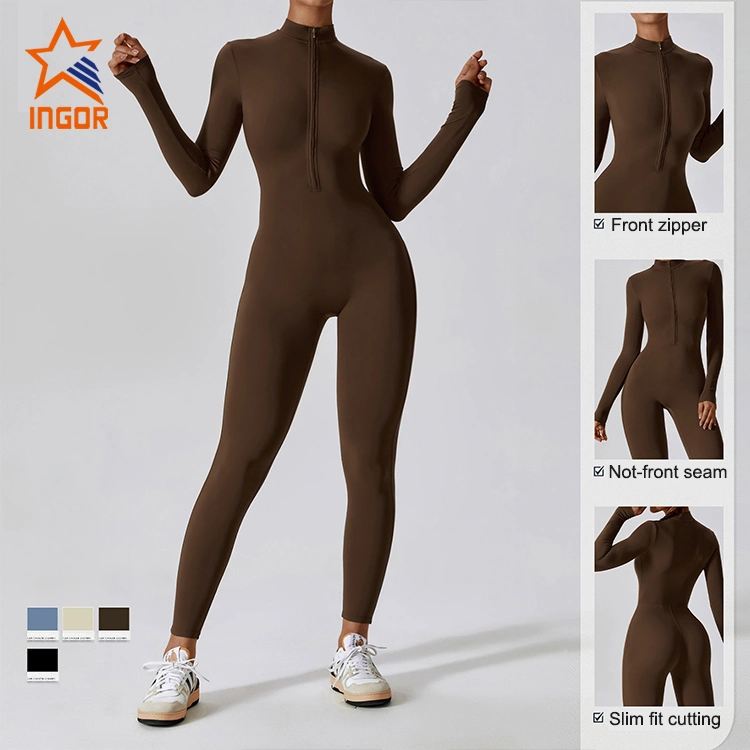 Ingor Sportswear ropa Fabricante Zippered Naked Long-Sleeved una piezas Conjuntos Yoga Jumpsuit Fitness Deportes Jumpsuit Gimnasio Wokrut ropa deportiva