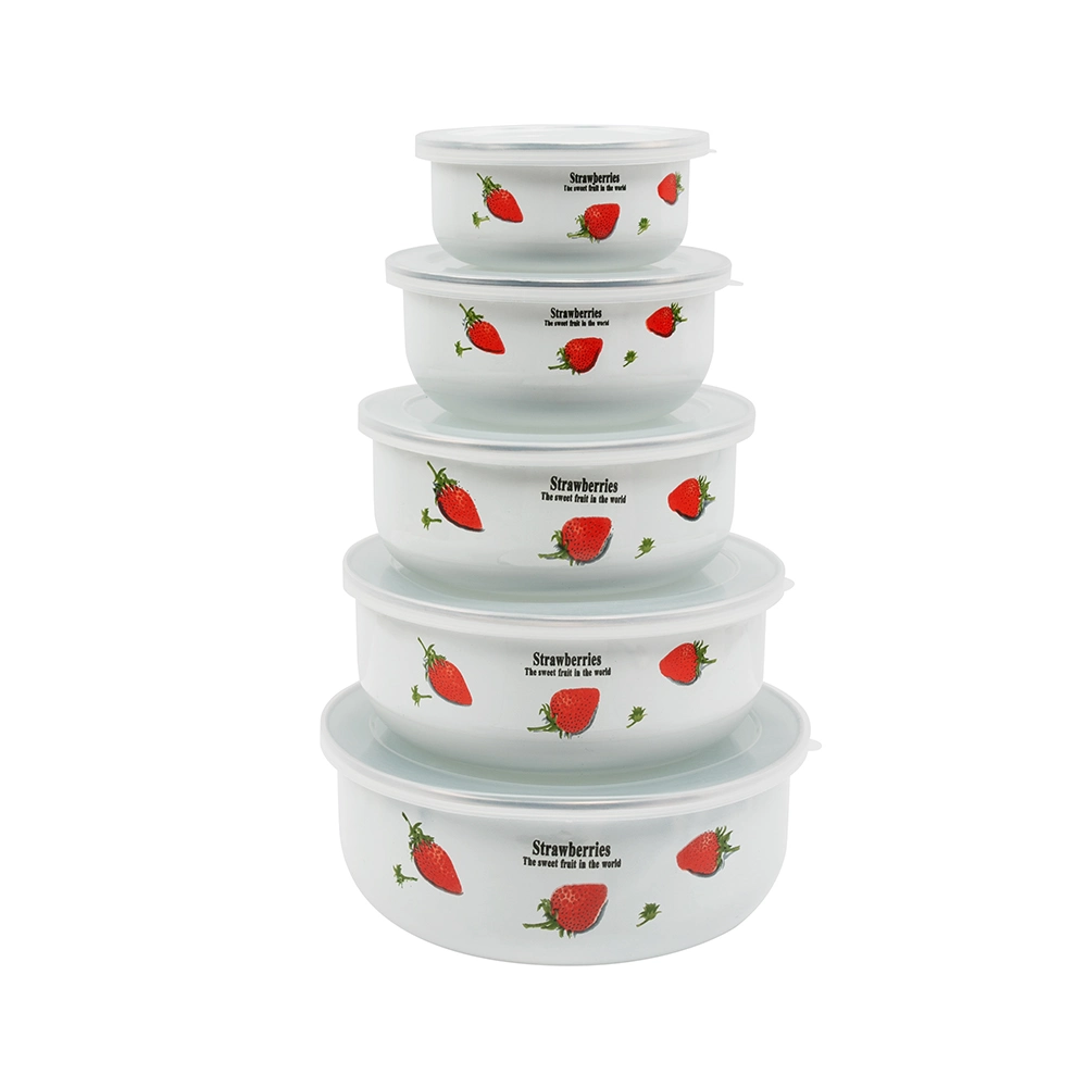 Good Quality 5 PCS/Set Strawberry Pattern Food Grade Salad Bowl Enamel Salad Bowl