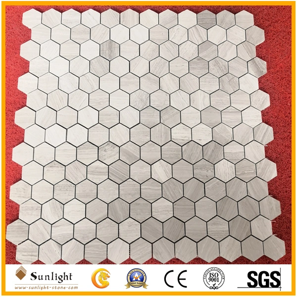 Hot Sale Natural Stone Wood Vein White Marble Mosaics with Flat, Hexagon, Chevron, Lantern, Rhomboid Shape for Bathroom /Wall Tile