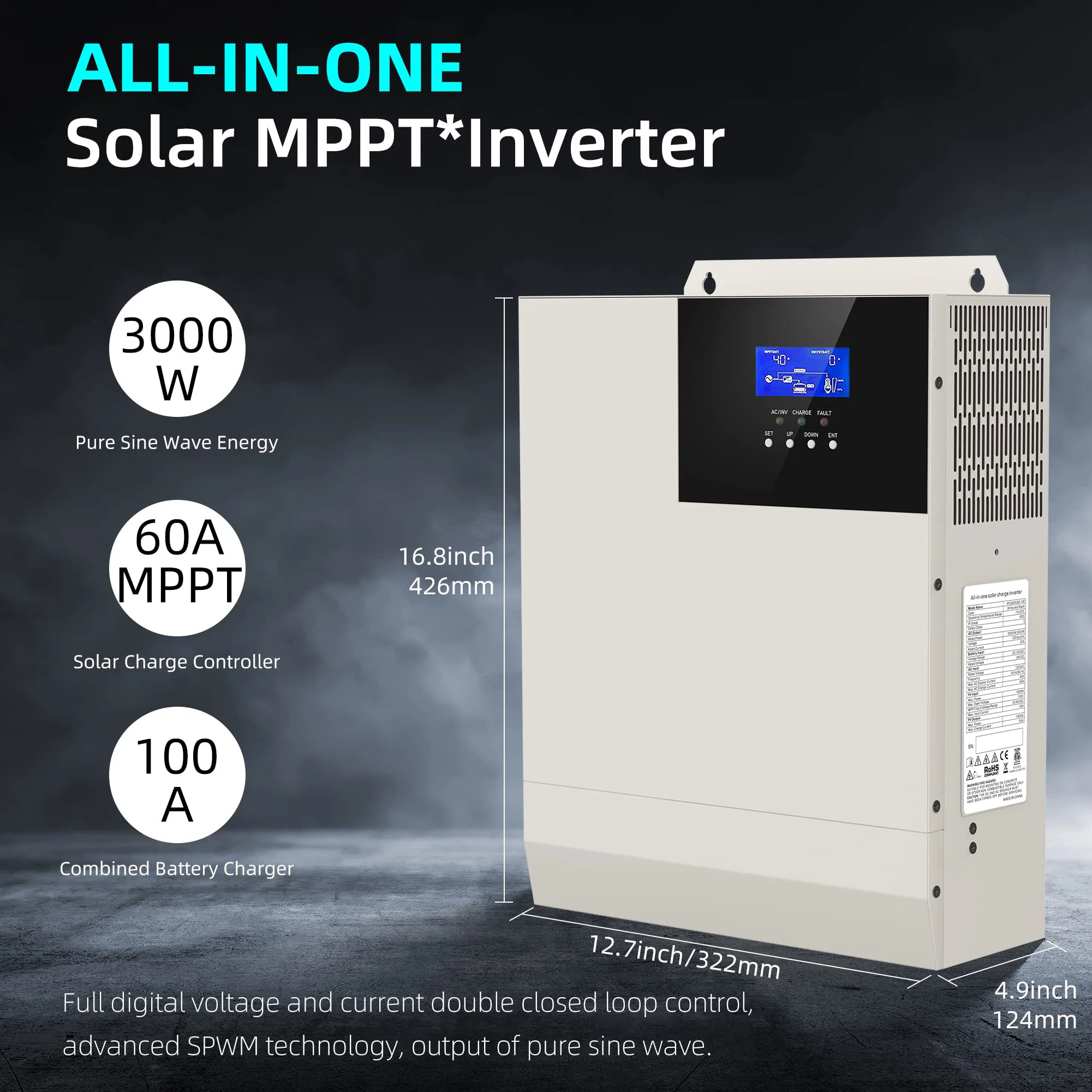 48V 5000W Hybrid Solar Inverter 48V DC to AC 110V Pure Sine Wave off-Grid LED Inverter, 80A MPPT Solar Charge Controller