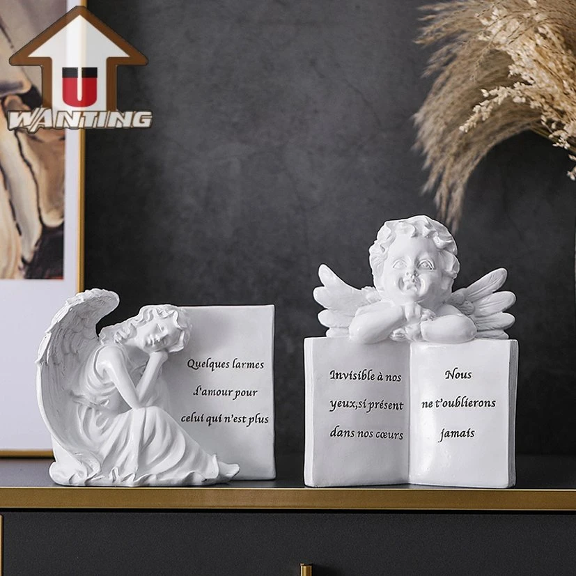 Winged Angel Girl and Boy Sculpture Lettering Statue Desktop Decoration High Quality