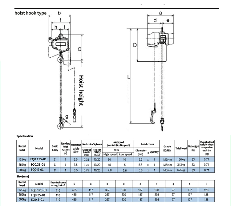 EQ-0.5-01I Factory Direct 0.5 Ton Fixed Type Electric Chain Hoist with Hook