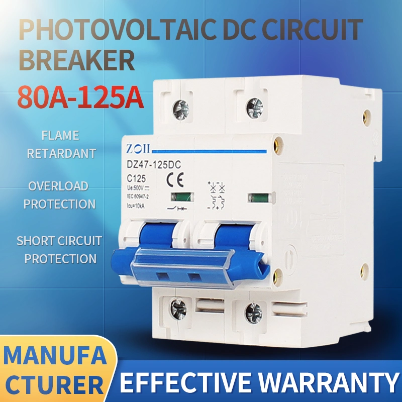 Duplo 2 pólos DC 500V Dz47-125 80A 100A 125A MCB Interruptor doméstico de ar Máquina 10ka proteção contra sobrecarga disjuntor miniatura