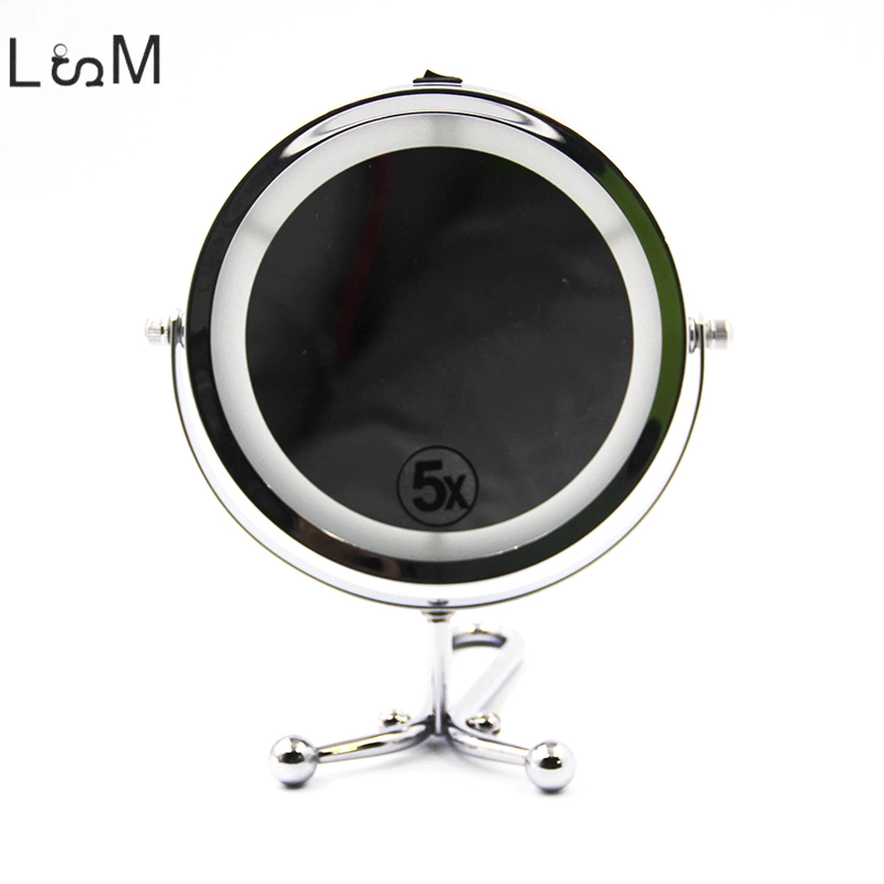 Metal Silver Round Makeup Mirror Double Side 5X Magnifying LED Lights Folding Hand Mirror