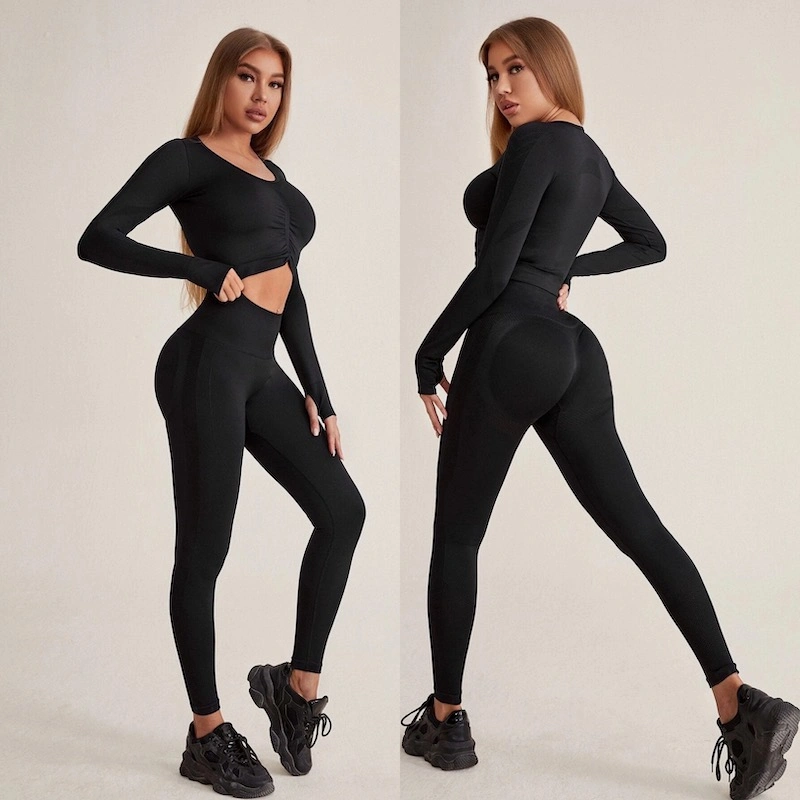Tianchen Garment Factory OEM/ODM Black Butt Lifting Activewear Sets, Seamless Long Sleeve Workout Top + Contour Leggings Fitness Apparel Jogging Outfits