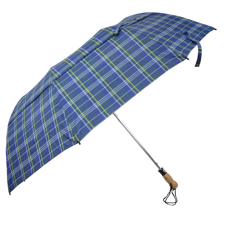 Classic Plaid Fabric Rain Umbrella Wooden Handle Folding Umbrella for Men and Women