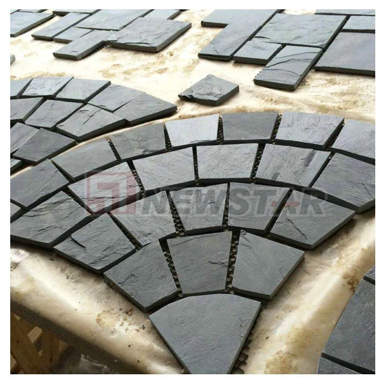 Fan Shape Design Cobblestone Natural Stone Price Slate Tile Floor Tile Paving Stone on Mesh