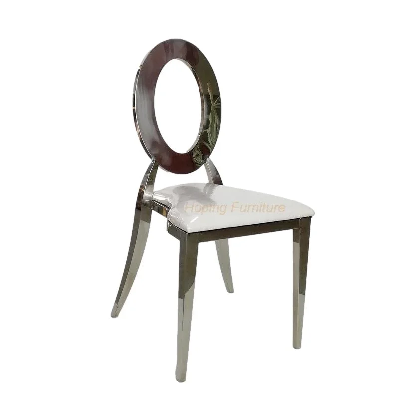 Vente chaude Prix de gros Salon Chaise de loisirs Meubles Hôtel Restaurant Dossier rond avec Creux Chaise en acier inoxydable de haute qualité pour salle à manger de mariage en or.