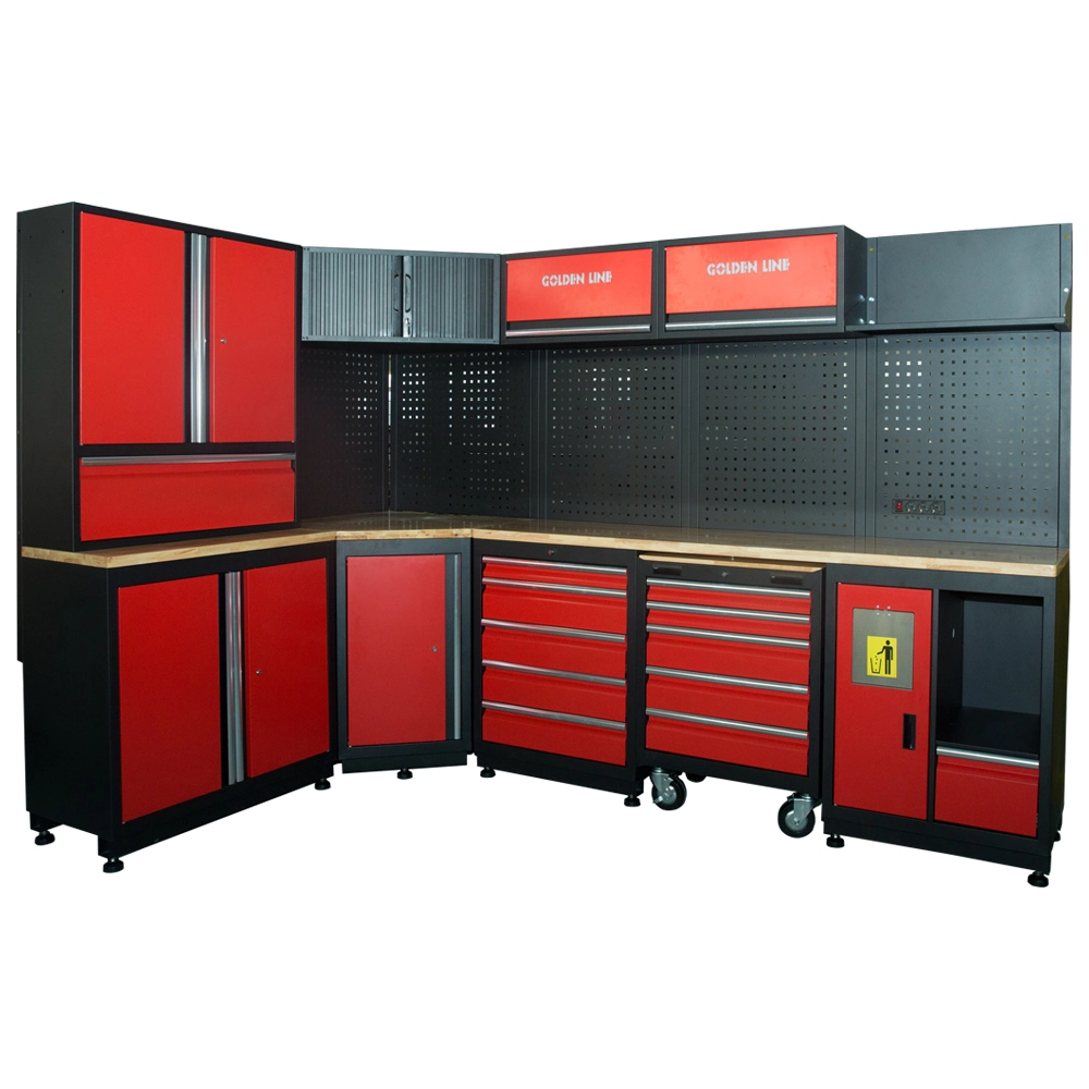 Garage Storage Steel Modular Workbench with Corner Tool Cabinet and Red Metal Toolbox