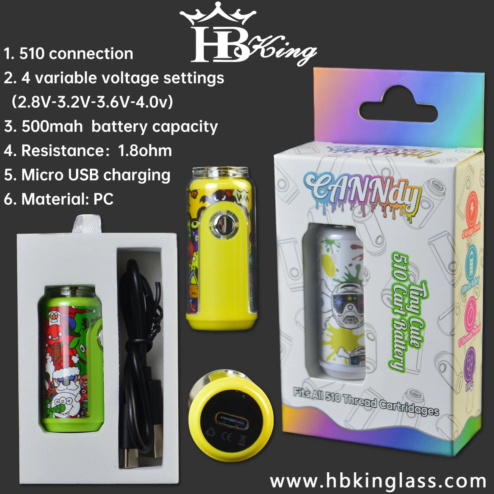 510 Thread Cartridages 500mAh Capacity Mini Vape Battery