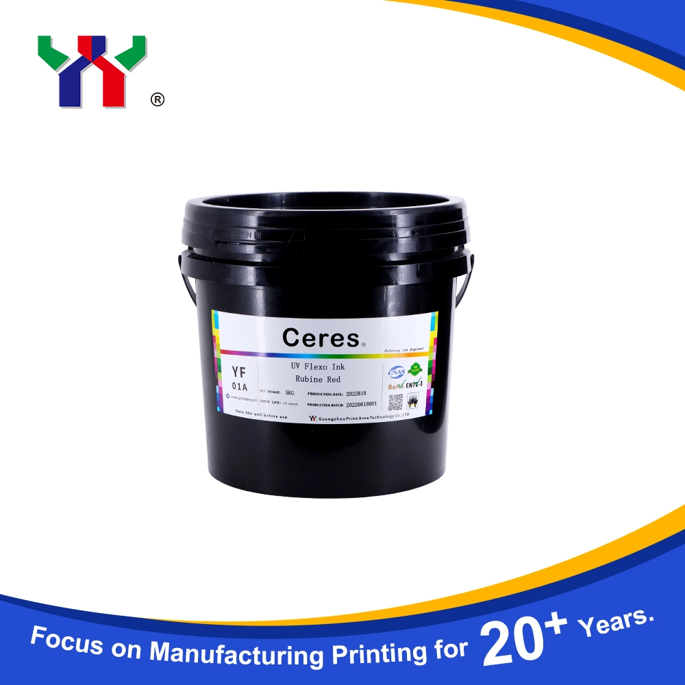 Tinta Flexo UV/LED de alta calidad Ceres fuerte Fuerza adhesiva para impresión de papel y etiquetas (PP, materiales PET), Color Rubine Red 5kg/Barrel