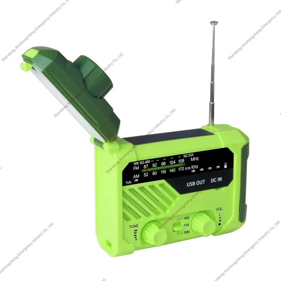 Emergency Crank Solar Weather Radio 2000mAh Cell Phone Charger with 1W 3 Mode Flashlight and 2 Mode Readind Lamp