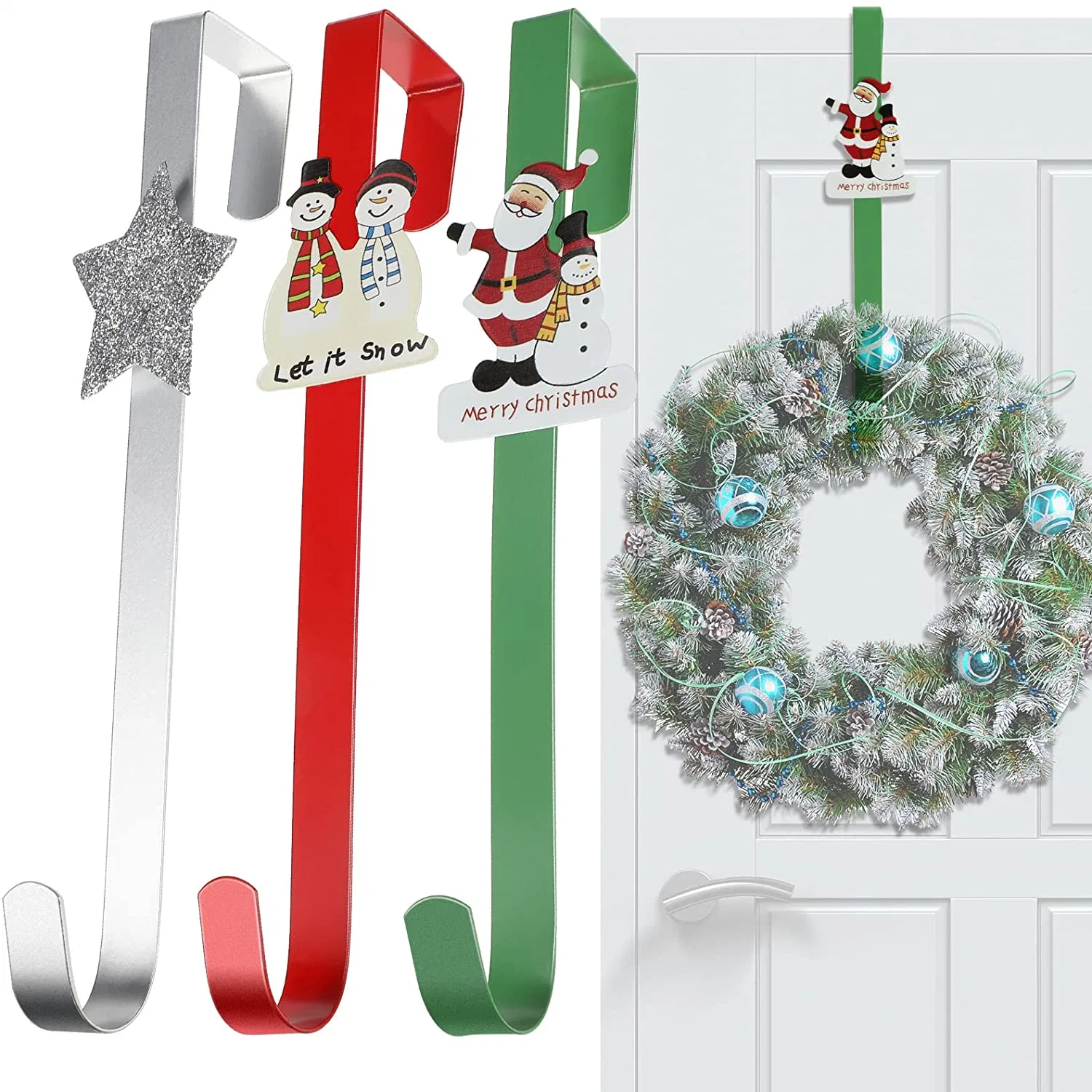 3 Pieces 12 Inch Christmas Wreath Hangers Cartoon Over The Door Hooks Winter Snowmen Santa Claus Star Front Door Hangers for Christmas Party Festival Decoration