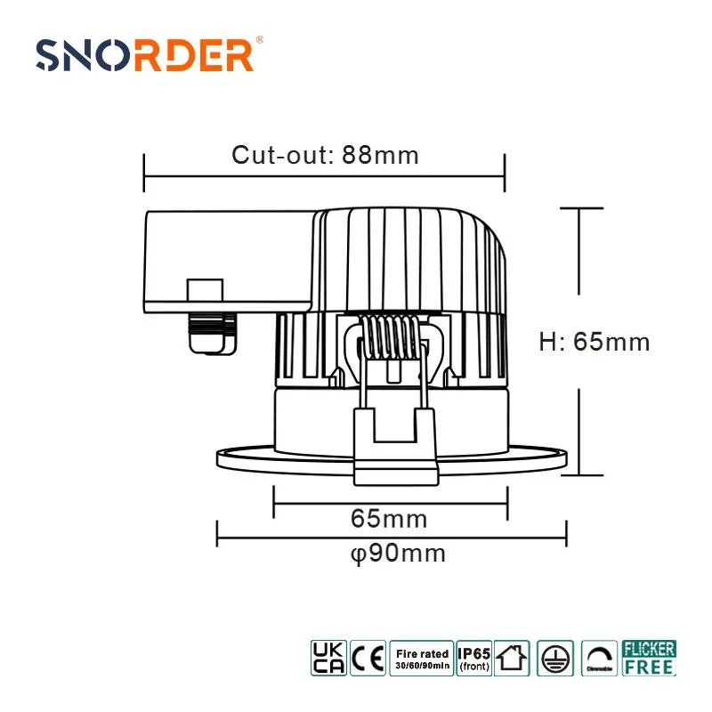 Fabricado en China Fire Rated Downlight 5W 2700K-3000K-4000K-6000K cabezal ajustable Tamaño 90mm*65mm