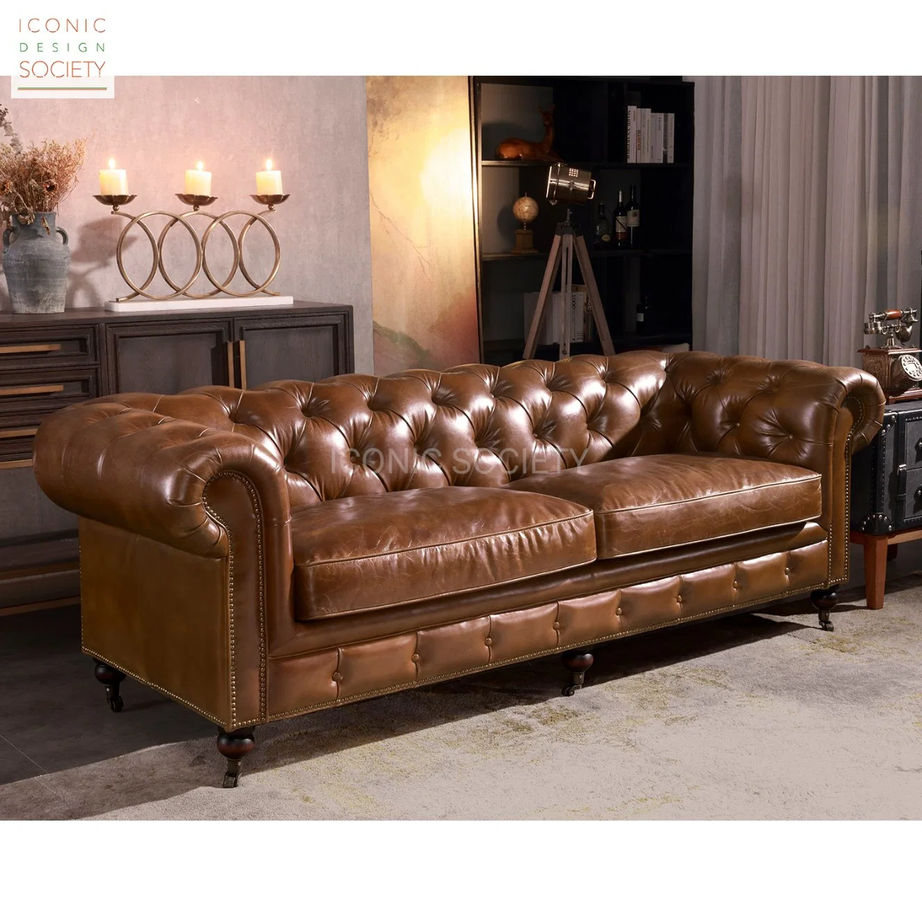 Luxury Living Room Hotel Home Furniture Office Couch Wooden Frame Antique Handmade Classic Style Chesterfield Genuine Leather Sofa