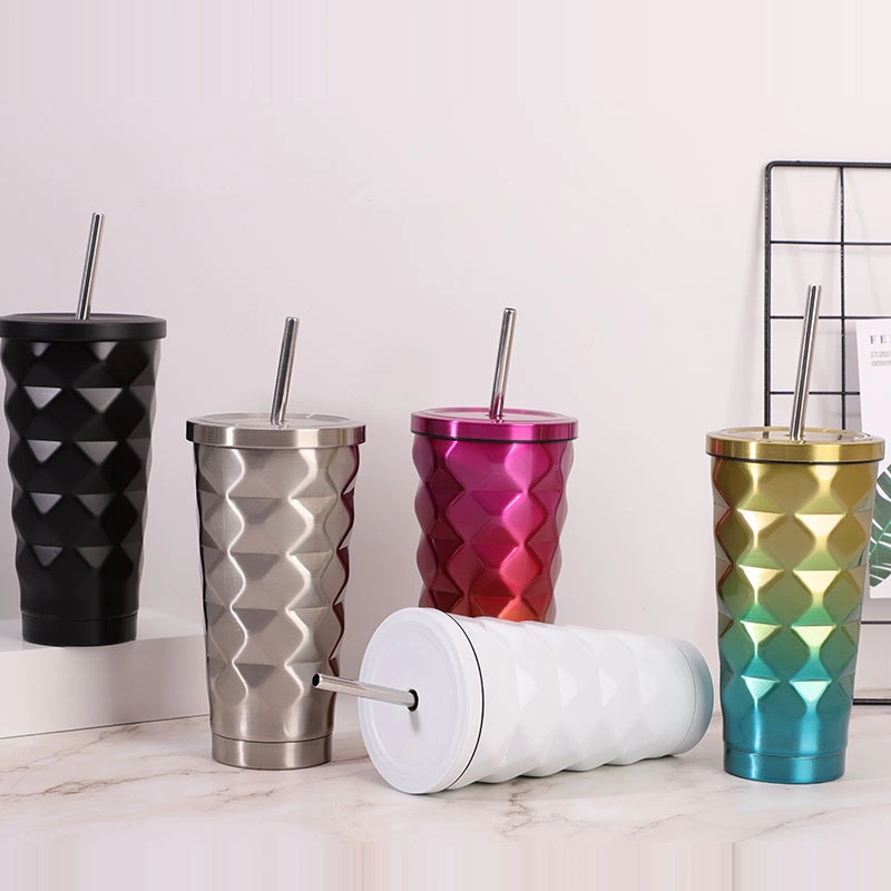 Factory Customized Fashion Design Stainless Steel Insulated Tumbler Coffee Mug Handheld Gradient Diamond Ice Cup with Straw