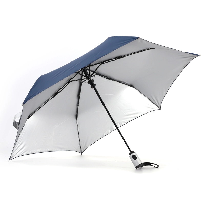 Customized Promotion Black Rain Sun Silver Coating Inside Compact Summer Anti UV Automatic 3 Folding Umbrella for Outdoor