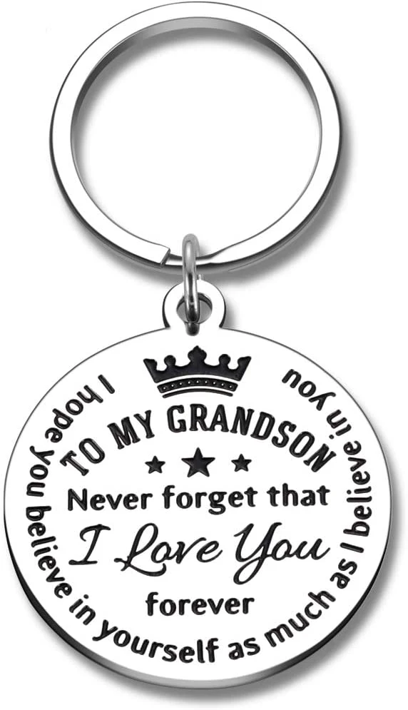 Wholesale Metal Crafts Zinc Alloy Round Shape Blank Custom Engraved Text to My Grandson Promotion Souvenir Gift Key Holder Tag Customized Keychain