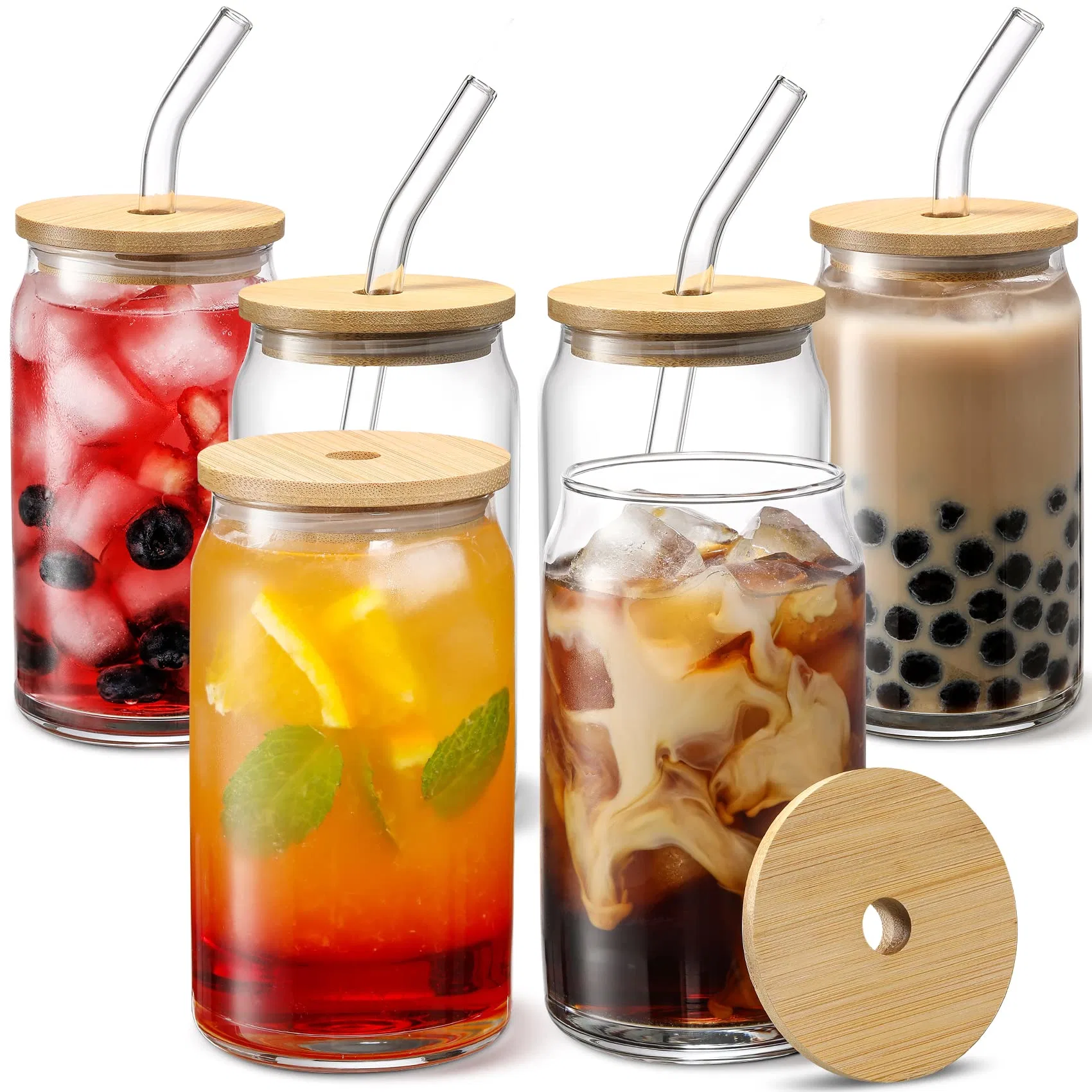 Glass Cups with Bamboo Lids and Glass Straw - Beer Can Drinking Glasses, 16 Oz Iced Coffee Glasses, Cute Tumbler Cup for Smoothie, Boba Tea, Whiskey, Water