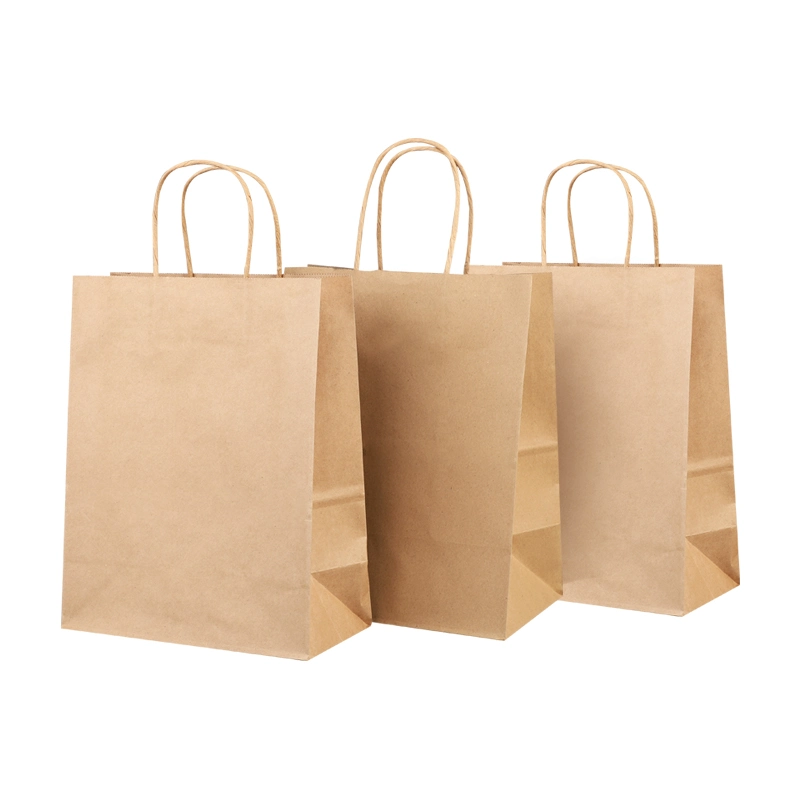 Poignées en papier torsadé sur mesure Takeout brun Takeaway Fast Food Sac en papier Kraft pour l'emballage de restaurant, pour l'artisanat d'achat imprimé personnalisé Sacs en papier