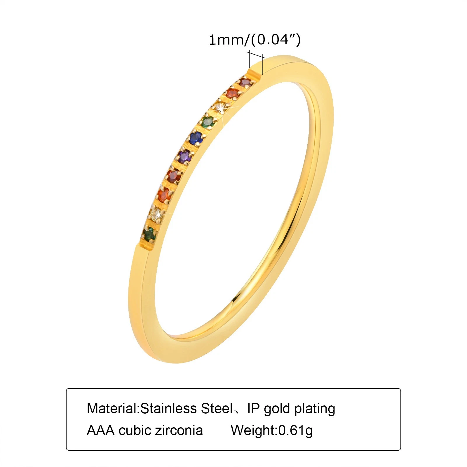 Stainless Steel Thin Ring 1mm Color Zircon Ring Gold Women Fashion Jewelry Accessories Wholesale/Supplier SSR562