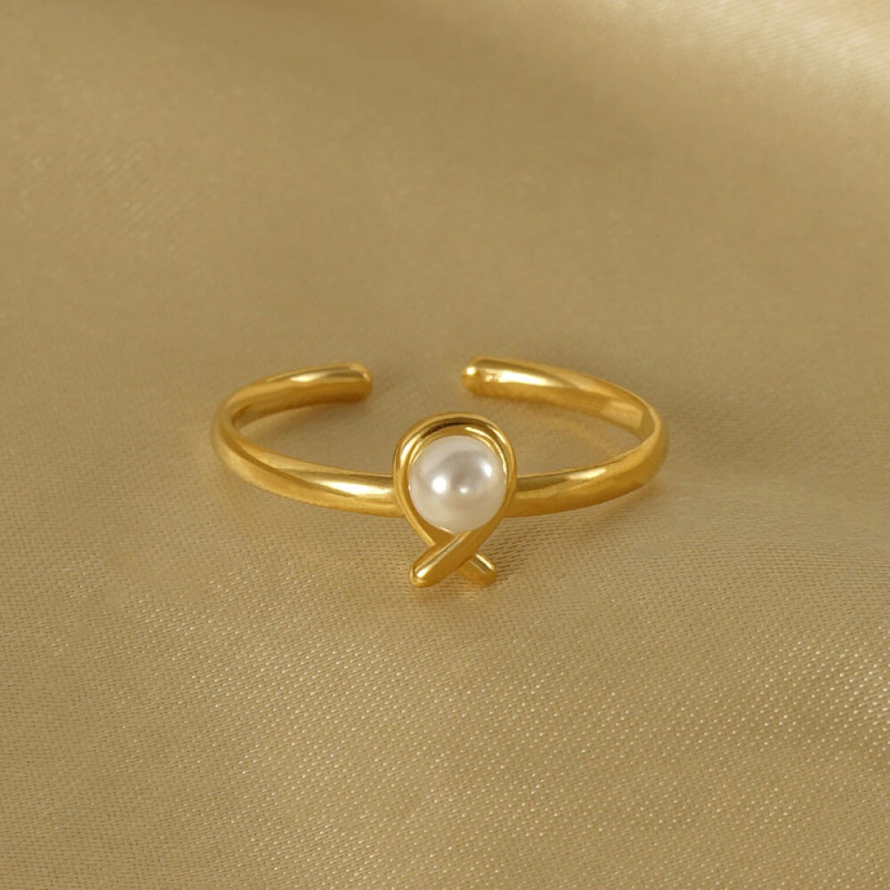 Fashion Jewelry Adjustable 18K Gold Plated Stainless Steel Diamond Mountings Pearl Ring