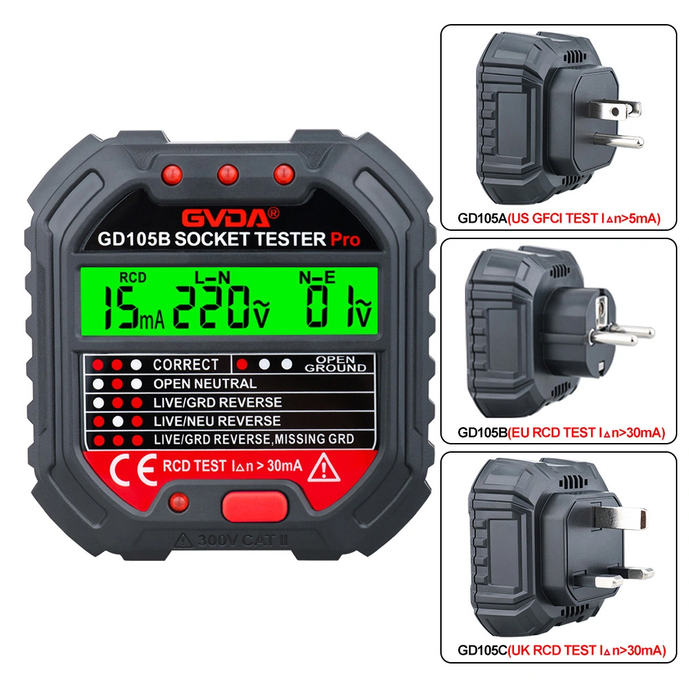 Gvda Probador de salida de receptáculo GFCI eléctrica detector con pantalla LCD, de 3 puntas 120V AC Comprobador de toma de tensión, el 6 de la indicación visual / Leyenda del cableado para el hogar