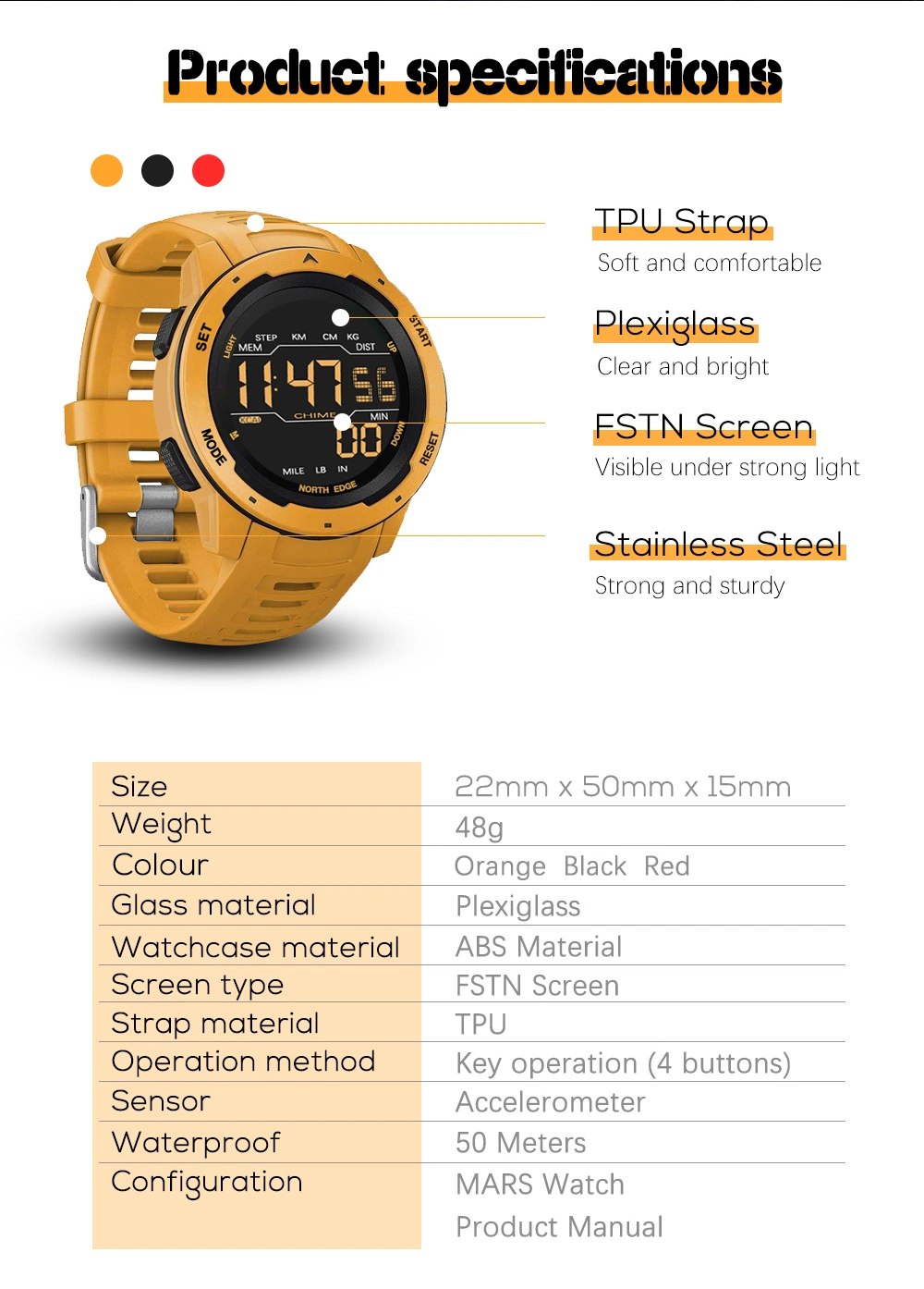 2022 North Edge Mars boîtier plastique Sport Digital Watch 5ATM Montre électronique résistante à l'eau montre Smart Watch Gift montres 005