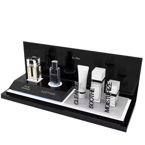 Black Acrylicskin Care Perfume Display Stand with Advertising Back