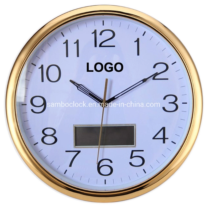 Silver Round LCD Wall Clock with Day and Date for Decoration