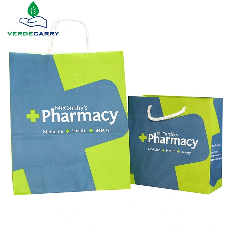 Custom Logo Printed White Flat Twisted Handles Medical Sickness Kraft Paper Carrier Bags for Pharmacy