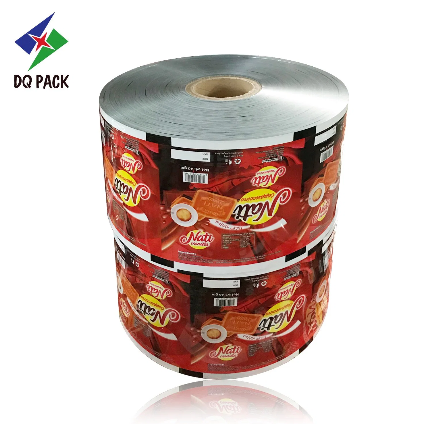 Dq Pack Impresso Personalizado Grau Alimentício plástico laminado em folha de alumínio e de plástico macio estanqueidade personalizados de filme de rolo rolo plástico filme sanduíche para embalagem de biscoitos