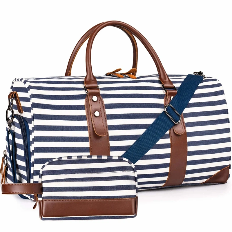 Promotion Blue/White Strip Printed Canvas Women Travel Bags with Cosmetic Bag