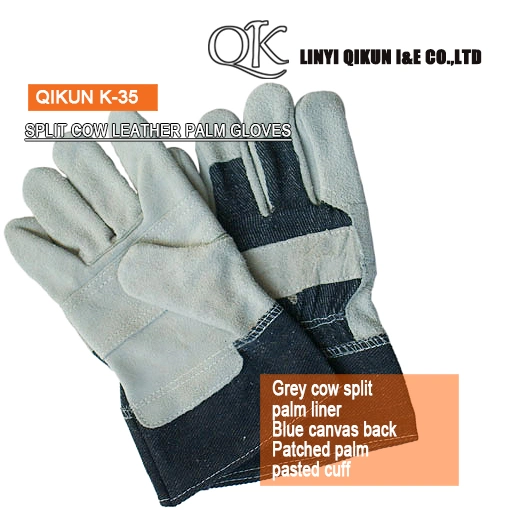 K-33 Grey Split Cow Leather Full Palm Liner Pasted Cuff Leather Gloves