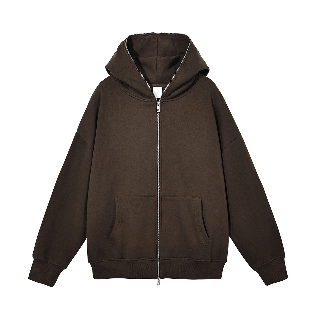 Two Way Zipper Fleece Puff Print Grey Drop Shoulder Cotton 600 GSM Y2K Full Zip up Zipup Hoodie Custom Oversize Brown Blank