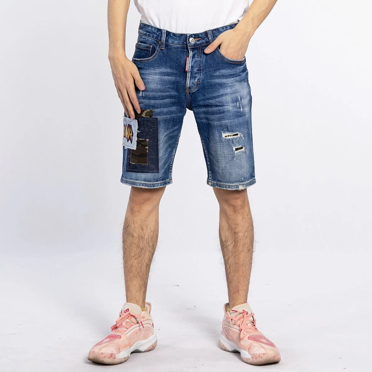 Custom Distressed Blue Five Hose Denim Patchwork Design Herren Shorts Jeans