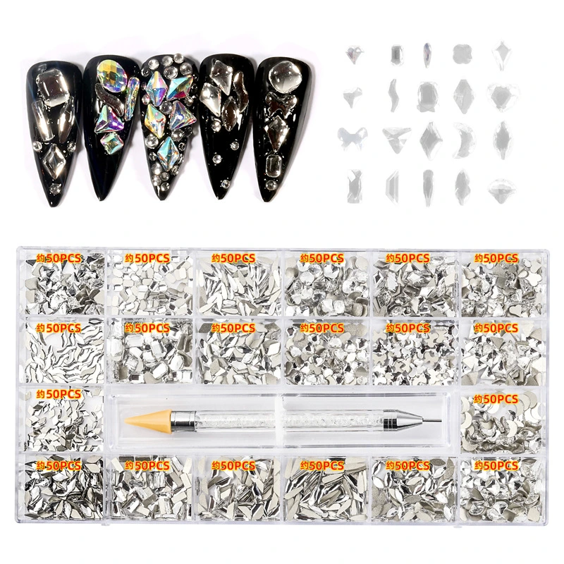 Nail Art Rhinestones Set with Dotting Pen Crystal Ab Rainbow Flat Bottom