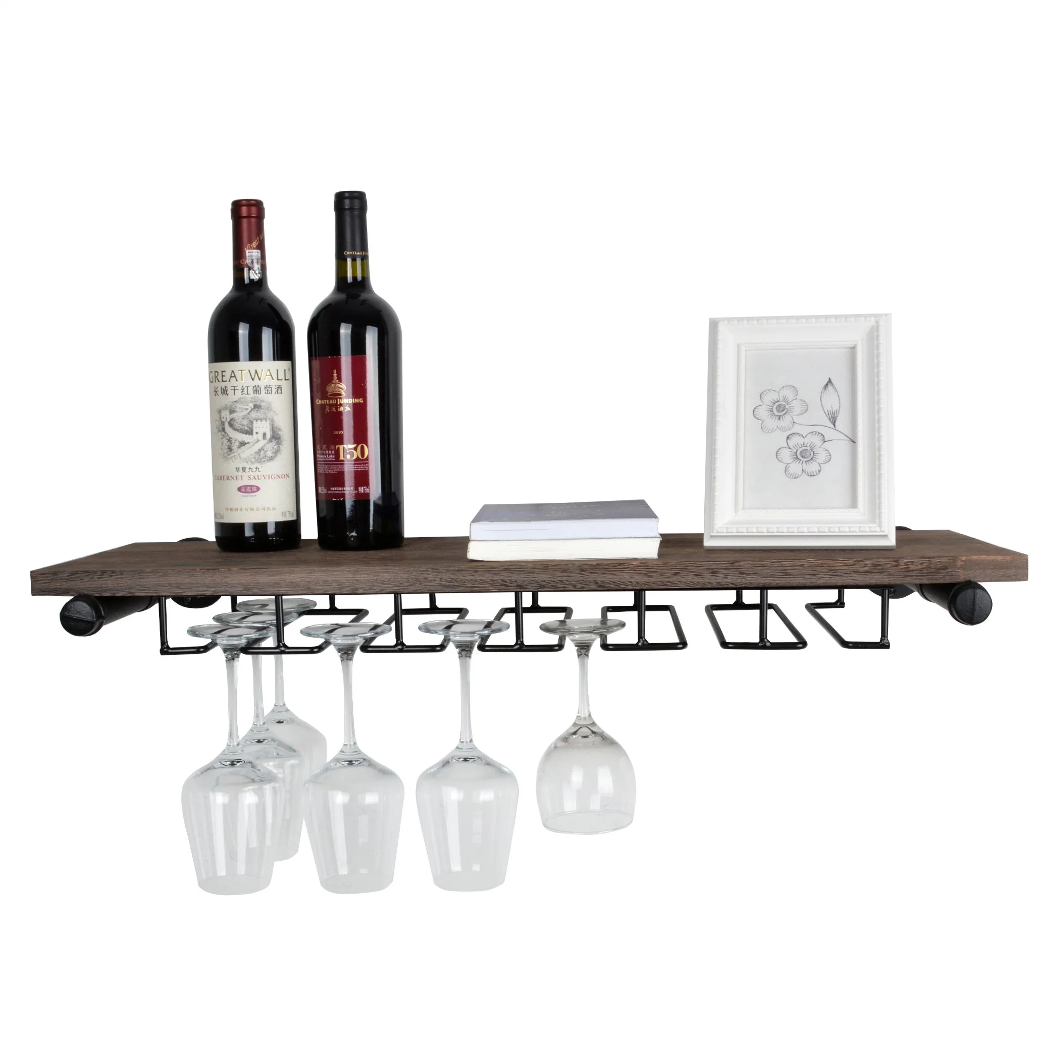 Modern Popular Customized Floating Wooden Wine Bottle Shelf and Wine Glass Drying Display Rack