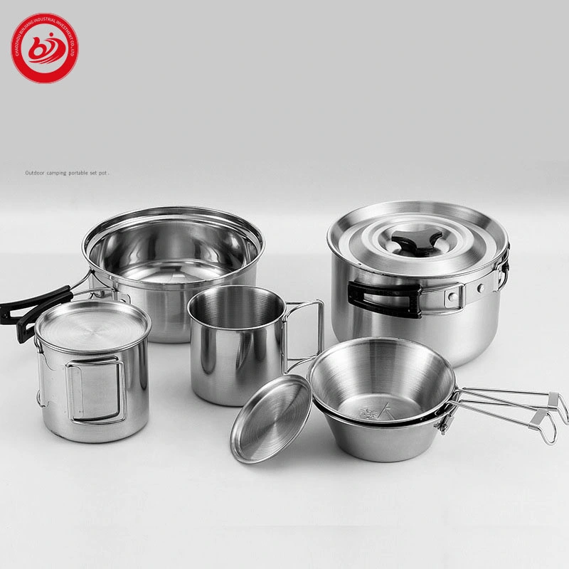 Wholesale/Supplier Camping Accessory Outdoor Mess Kit Stainless Steel Pots and Pans Cookware Set with Kettle