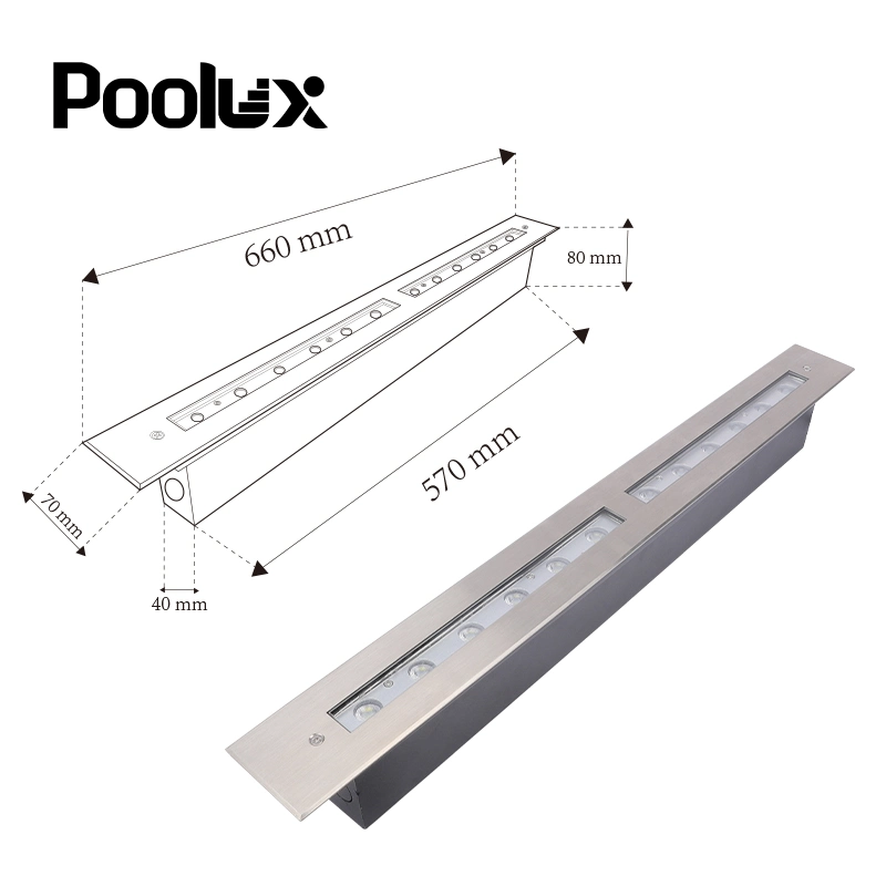 2023 Poolux 550mm 660mm Lampe de sol linéaire rectangulaire encastrée IP67 RGB pour extérieur