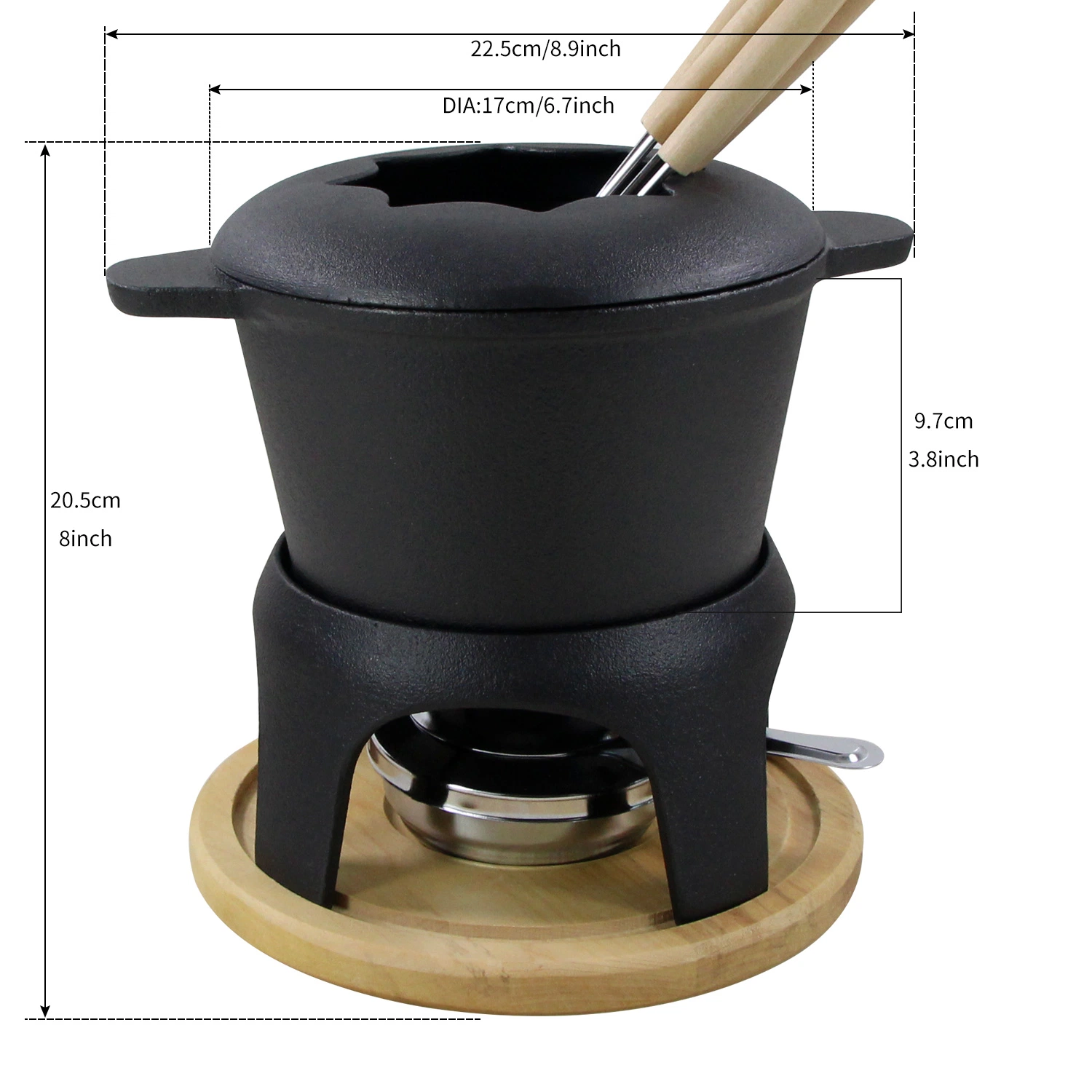 6.6"X4" Pre-Seasoned Cast Iron Cheese Chocolate Hot Pot Cast Iron Fondue Set