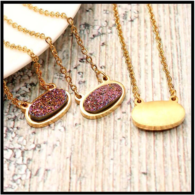 Crystal Inlaid Titanium Steel Gold-Plated Necklace Oval Colorful Double Hook Natural Crystal Necklace